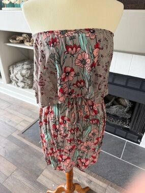 Angie Strapless Floral Dress in Taupe, Coral, Mint, and Red